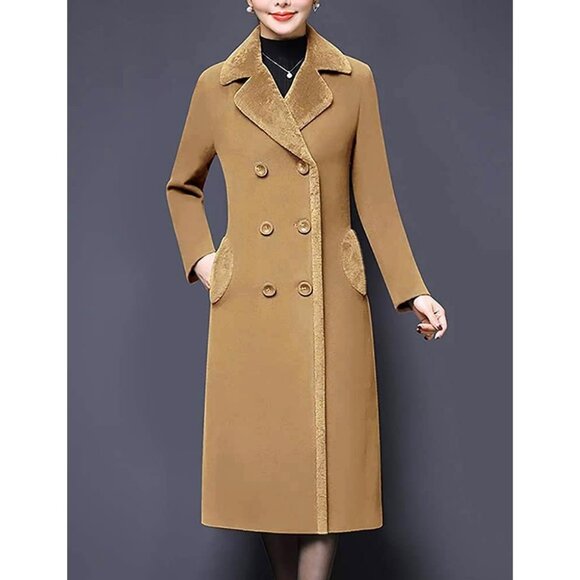 Women's Fur Collar Wool Coats Double Breasted Long Peacoat Jackets Camel - Picture 3 of 4